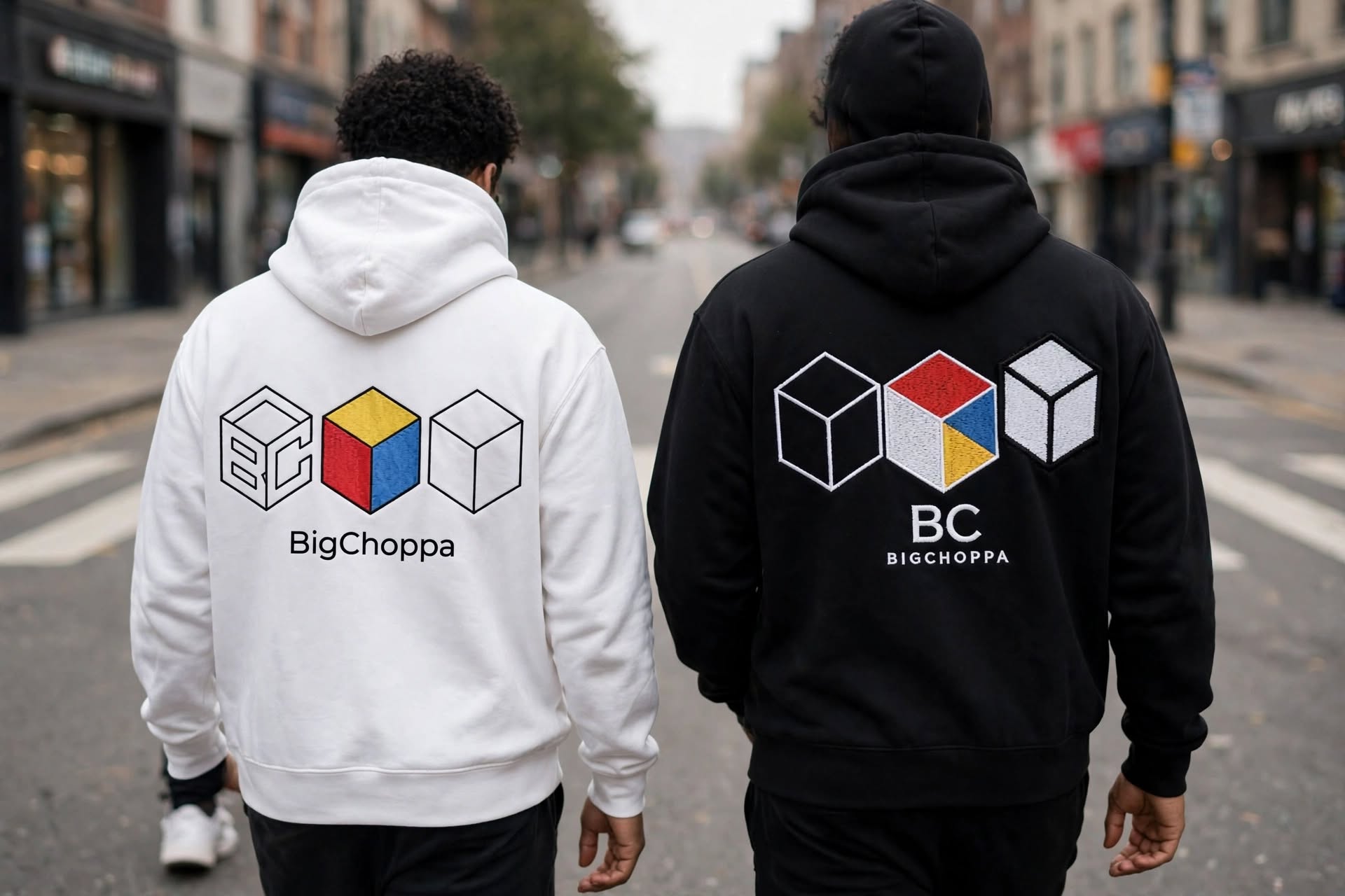 Two models showing the back of the BigChoppa Cubes Hoodie