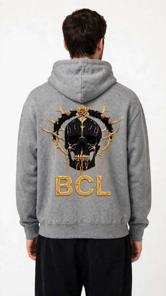 Back of the BCL Skull Hoodie with gold skull artwork