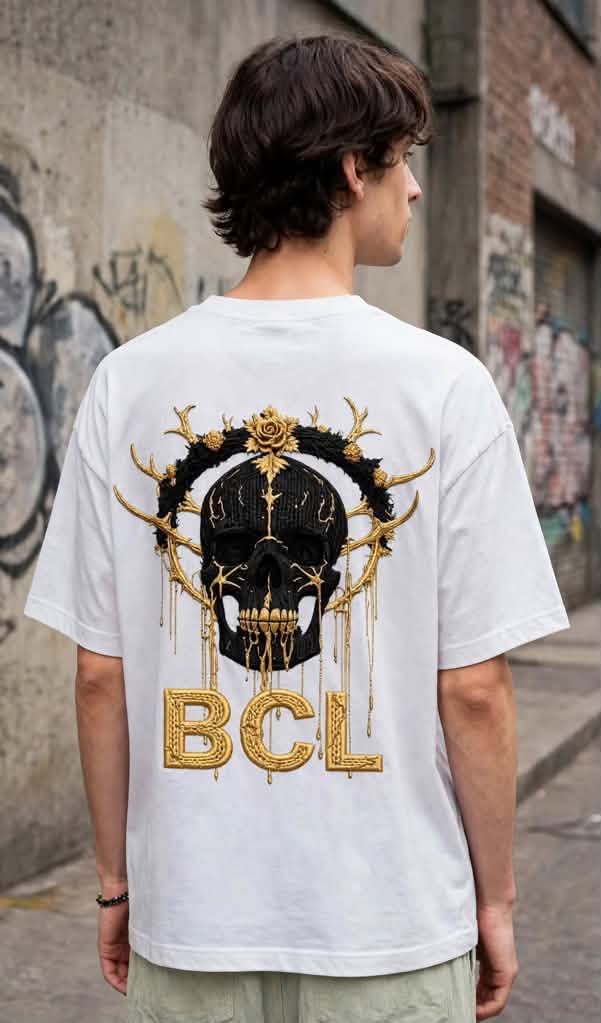 Back view of the BCL Skull Tee with gold skull artwork