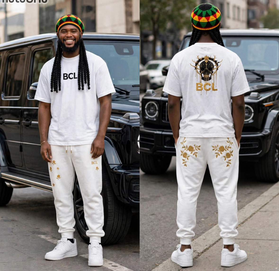 Model wearing the Gold Roses tee and joggers set